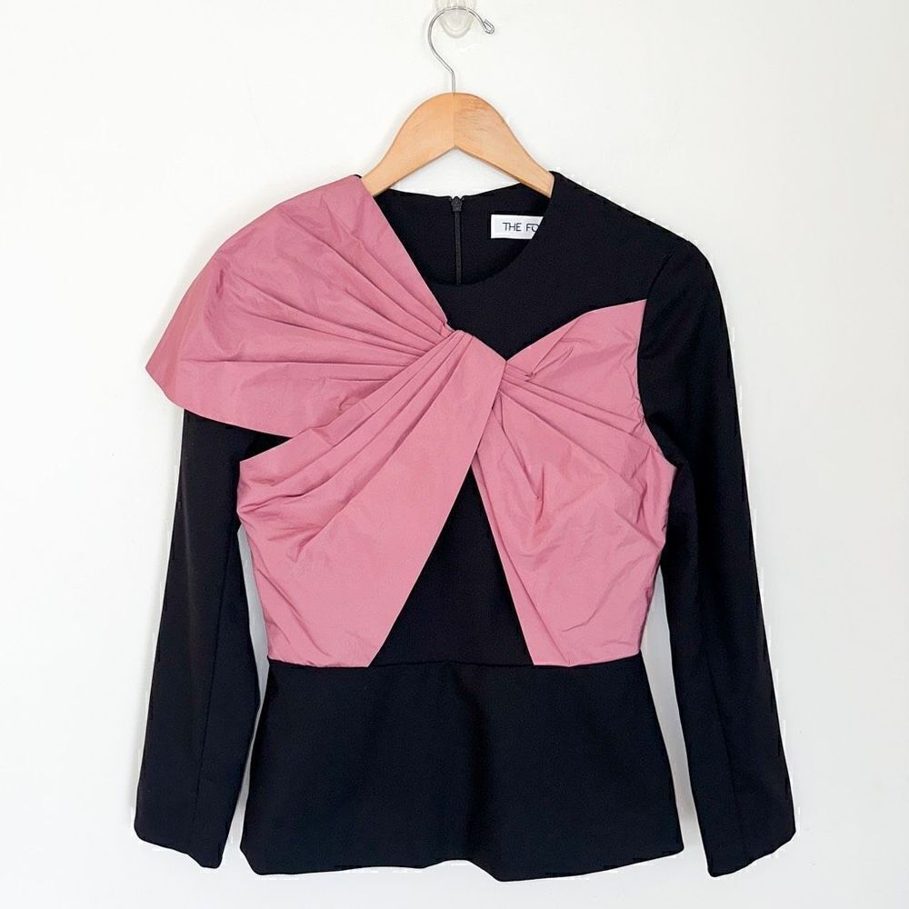 The Fold London Women’s Black Virgin Wool Dusty Rose Statement Peplum Blouse